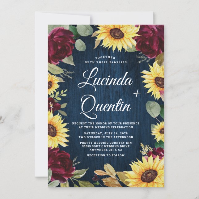 Sunflower Roses Burgundy Red and Navy Blue Wedding Invitation (Front)