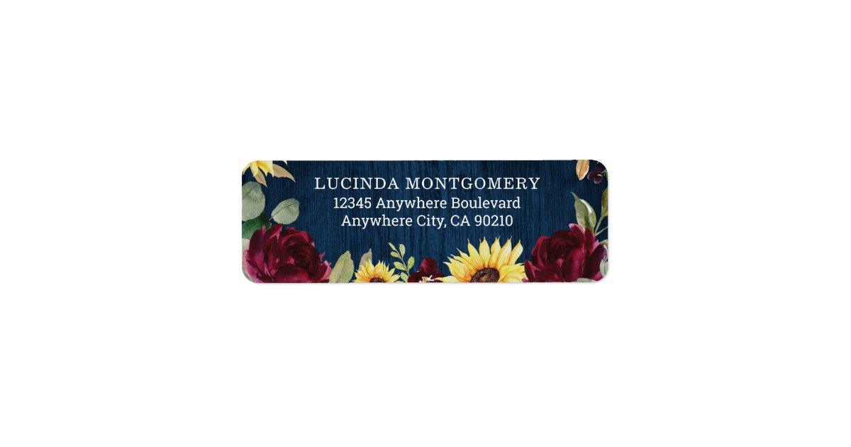 Sunflower Roses Burgundy Red and Navy Blue Wedding Label | Zazzle