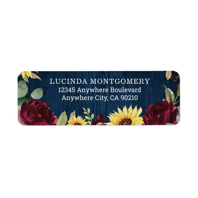 Sunflower Roses Burgundy Red and Navy Blue Wedding Label (Front)