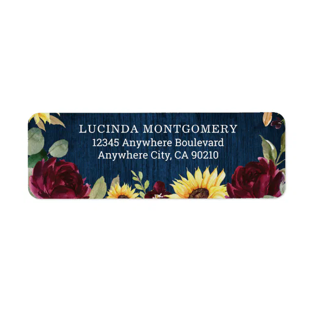Sunflower Roses Burgundy Red and Navy Blue Wedding Label | Zazzle