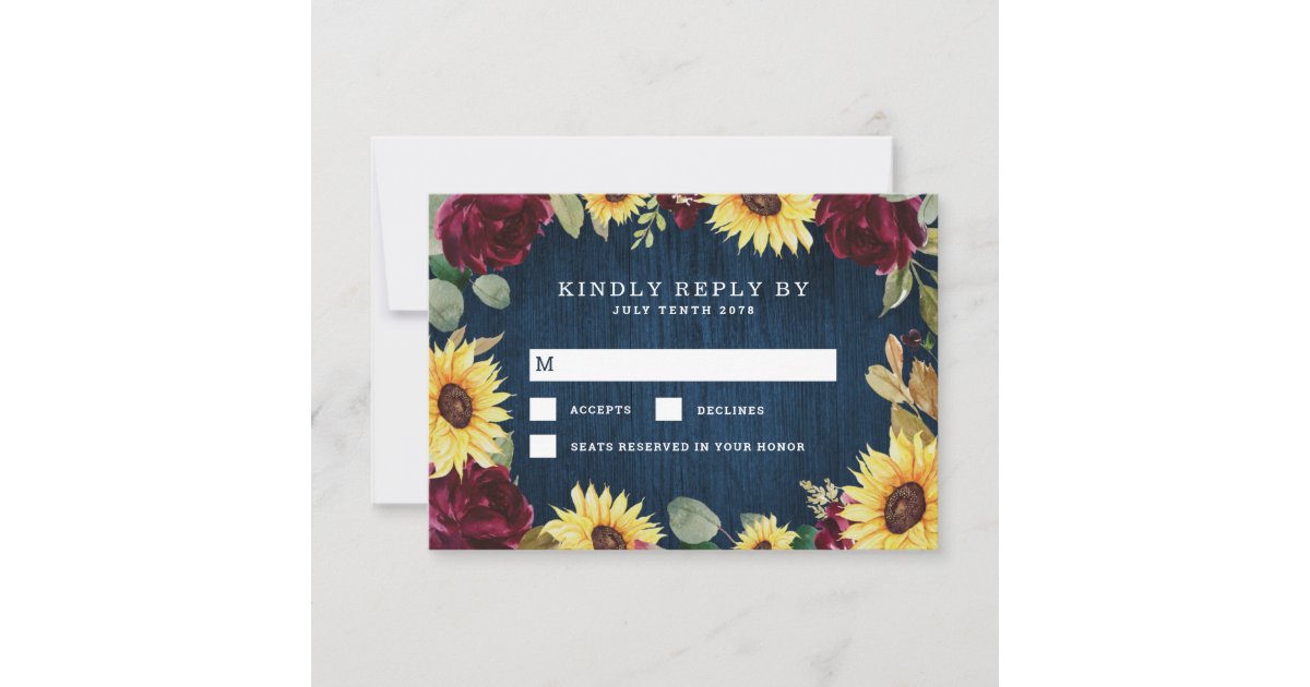 Sunflower Roses Burgundy Red and Navy Blue Wedding RSVP Card | Zazzle