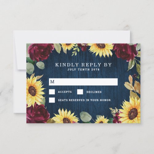 Sunflower Roses Burgundy Red and Navy Blue Wedding RSVP Card