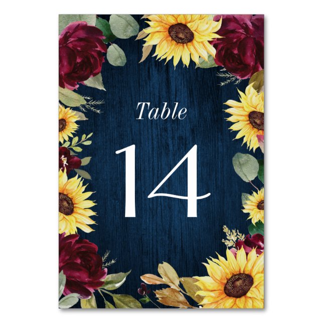 Sunflower Roses Burgundy Red and Navy Blue Wedding Table Number (Front)