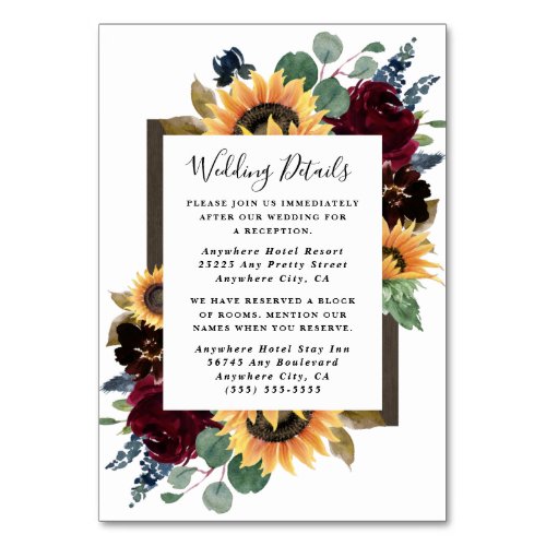 Sunflower Roses Burgundy Wedding Enclosure Cards - Design features elegant watercolor roses, peonies, wildflowers and sunflowers in various shades of burgundy red, navy blue and more over a wreath of eucalyptus greenery. Design also features a barn wood frame underneath the wreath. A unique font layout compliments the overall design. You can change the background color on the front and back to the color of your choice or leave both set to white. View the collection on this page to find matching wedding stationery products.