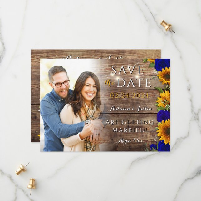 Sunflower Roses Country Rustic Photo Save the Date (Front/Back In Situ)