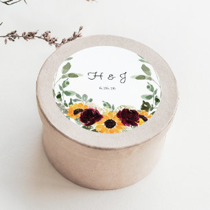Sunflower Roses Eucalyptus Monogram Wedding Favor Classic Round Sticker