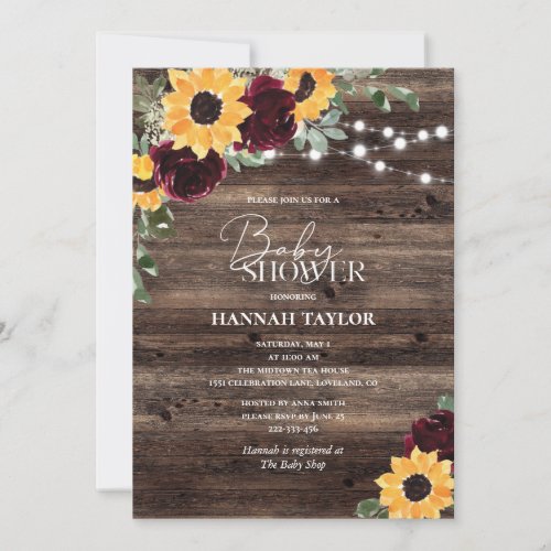 Sunflower Roses Floral Wood Baby Shower Invitation