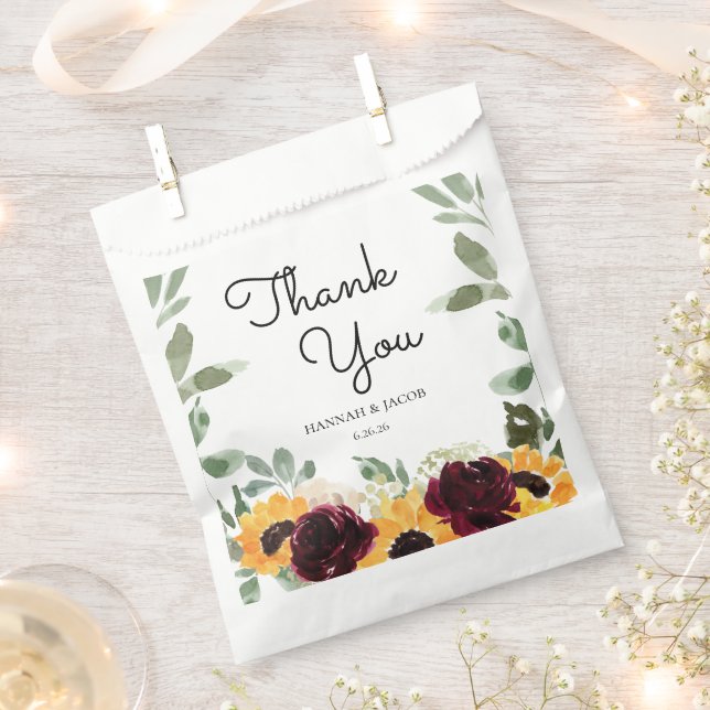 Sunflower Roses Greenery Wedding Event Thank You Favor Bag (Clipped)
