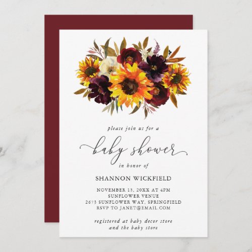 Sunflower Roses Red Purple Rustic Fall Baby Shower Invitation