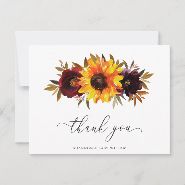 Sunflower Roses Red Purple Rustic Fall Baby Shower Thank You Card (Front)