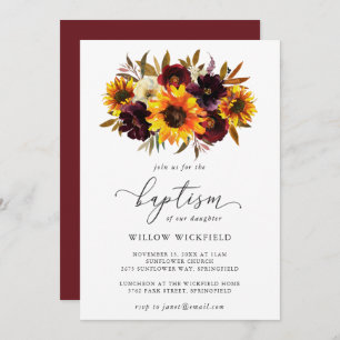 Sunflower Roses Red Purple Rustic Fall Baptism Invitation