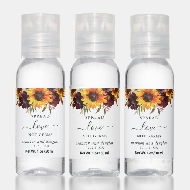Sunflower Roses Red Purple Rustic Fall Wedding Hand Sanitizer (Set)