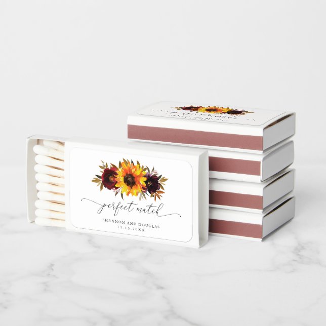 Sunflower Roses Red Purple Rustic Fall Wedding Matchboxes (Stacked)