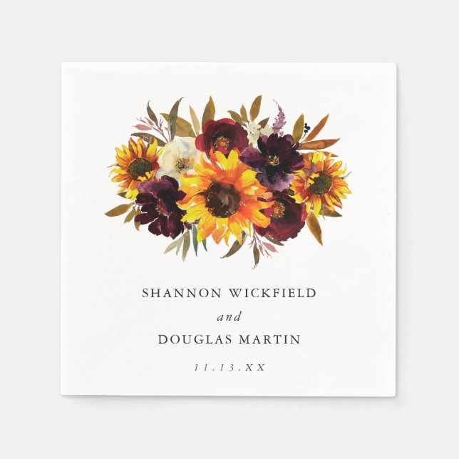 Sunflower Roses Red Purple Rustic Fall Wedding Napkins (Front)