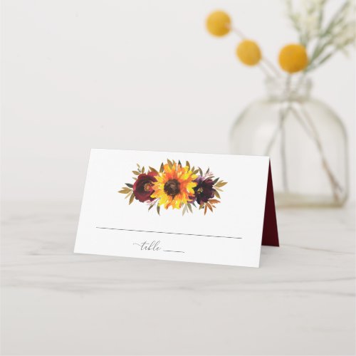 Sunflower Roses Red Purple Rustic Fall Wedding Place Card