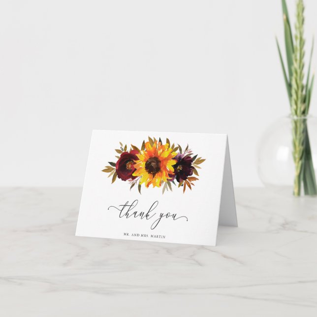 Sunflower Roses Red Purple Rustic Fall Wedding Thank You Card (Front)