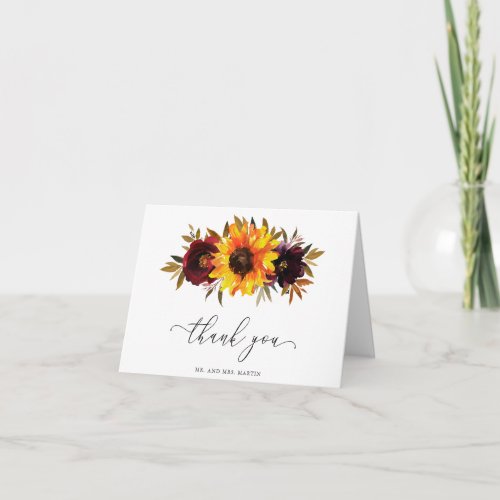 Sunflower Roses Red Purple Rustic Fall Wedding Thank You Card