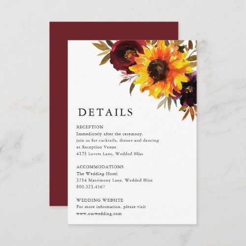 Sunflower Roses Red Purple Rustic Wedding Details Enclosure Card