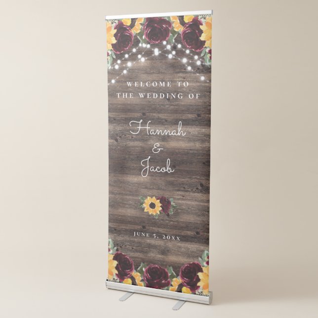 Sunflower Roses Rustic Barn Wood Wedding Welcome Retractable Banner (3/4)