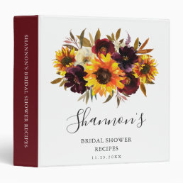 Sunflower Roses Rustic Fall Bridal Shower Recipes 3 Ring Binder