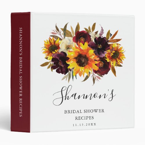 Sunflower Roses Rustic Fall Bridal Shower Recipes 3 Ring Binder