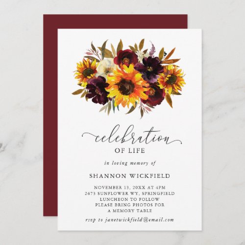 Sunflower Roses Rustic Fall Celebration of Life Invitation