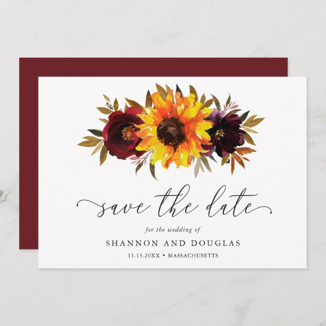 Sunflower Roses Rustic Fall Floral Elegant Wedding Save The Date (Front/Back)