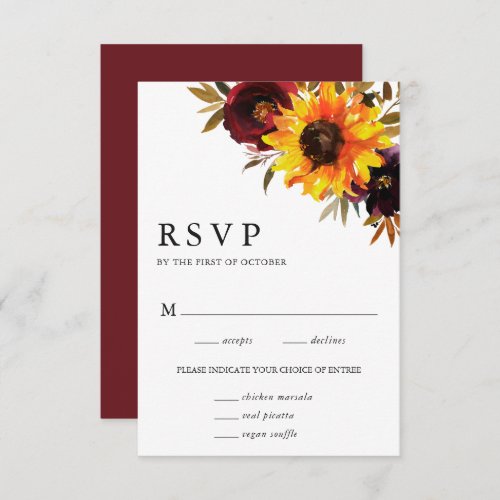 Sunflower Roses Rustic Fall Meal Wedding RSVP Card