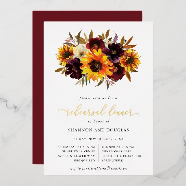 Sunflower Roses Rustic Fall Rehearsal Dinner Gold Foil Invitation (Front/Back)