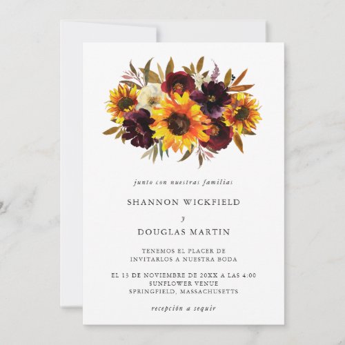 Sunflower Roses Rustic Fall Spanish Wedding Invitation