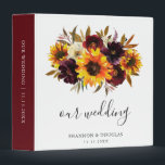 Sunflower Roses Rustic Fall Wedding Photo Album 3 Ring Binder<br><div class="desc">Sunflower floral wedding photo album binder featuring a rustic bouquet with watercolor painted sunflowers, red roses, purple flowers and greenery. Below is "our wedding" along with your names and date. The spine has a template for any custom text you would like. This elegant wedding binder is great for a boho...</div>