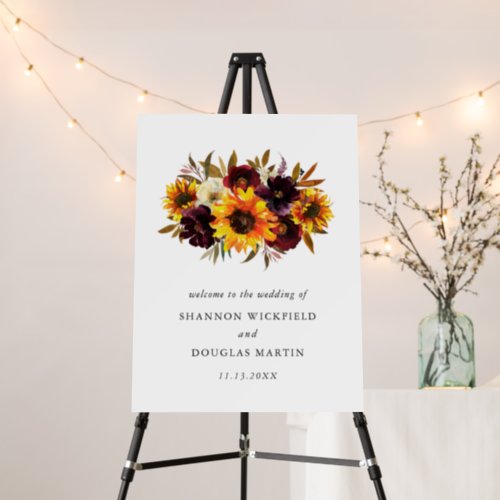 Sunflower Roses Rustic Floral Fall Wedding Welcome Foam Board