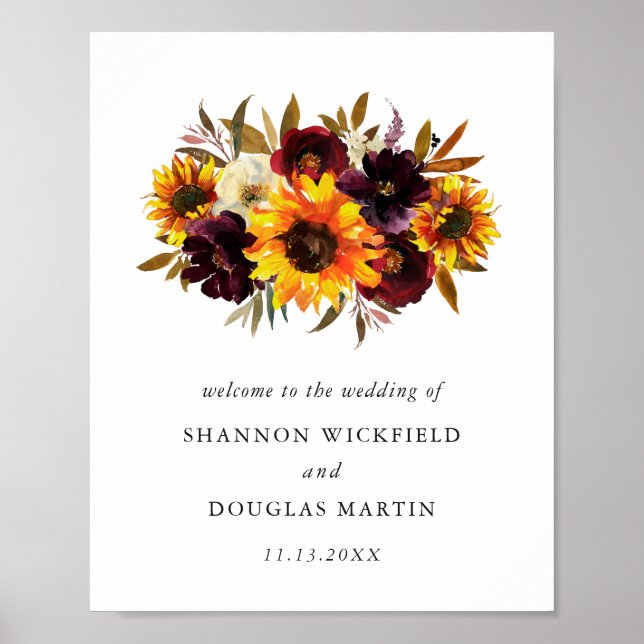 Sunflower Roses Rustic Floral Fall Wedding Welcome Poster (Front)