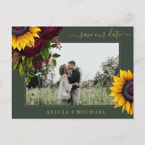 Sunflower roses rustic script save date wedding announcement postcard