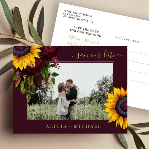 Sunflower roses rustic script save date wedding announcement postcard