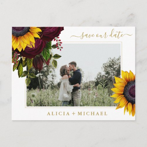Sunflower roses rustic script save date wedding announcement postcard