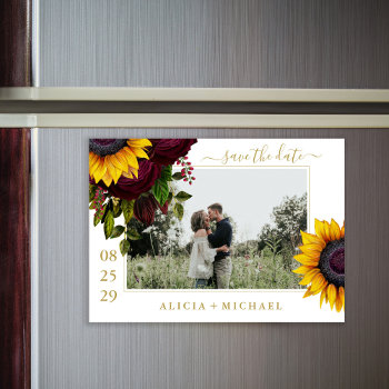 Sunflower Roses Rustic Script Save Date Wedding Magnetic Invitation by invitations_kits at Zazzle