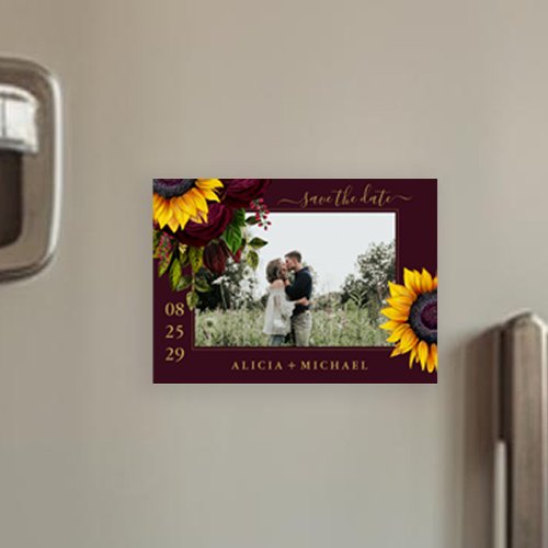 Sunflower roses rustic script save date wedding magnetic invitation