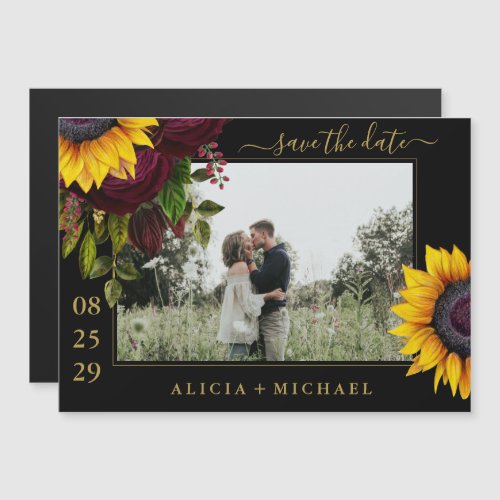 Sunflower roses rustic script save date wedding magnetic invitation
