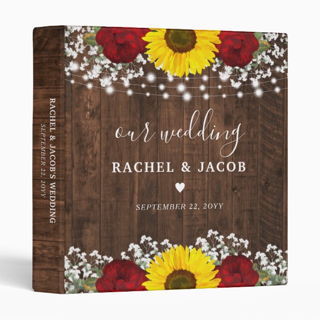 Sunflower & Roses Rustic Wedding Album 3 Ring Binder (Front/Spine)
