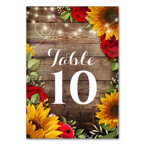 Sunflower  Roses Rustic Wedding Table Numbers
