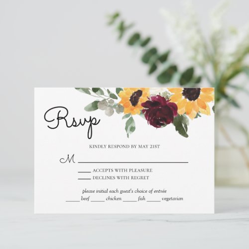 Sunflower Roses Rustic Wedding With Meal Choice RS RSVP Card