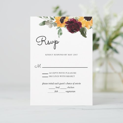 Sunflower Roses Rustic Wedding With Meal Choice  RSVP Card