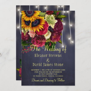 Sunflower roses rustic winter lights navy wedding invitation