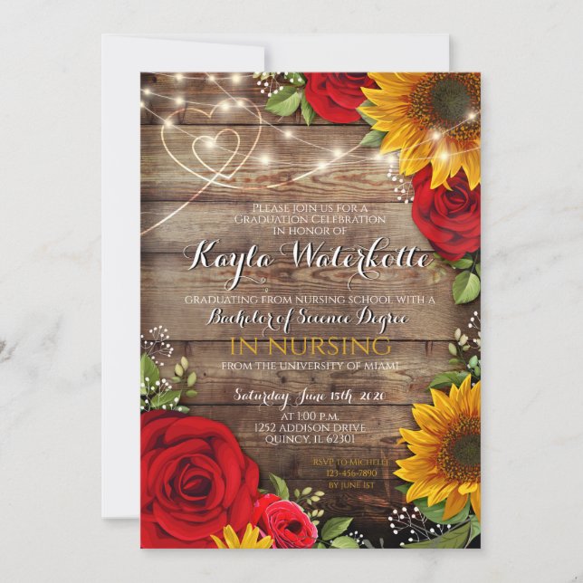 Sunflower & Roses Rustic Wood Graduation Invitation (Front)