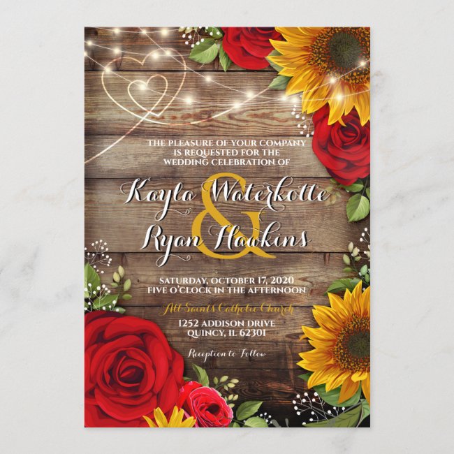 Sunflower & Roses Rustic Wood Lights Invitation