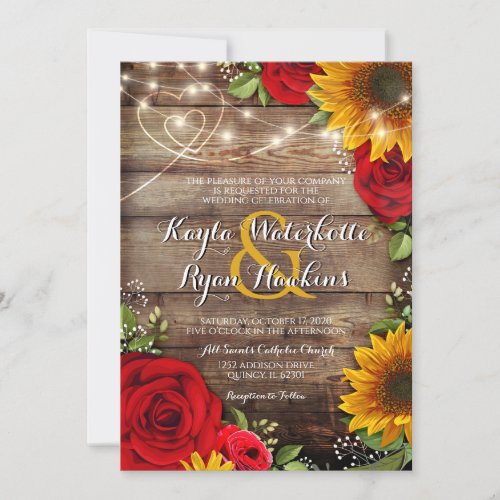 Sunflower  Roses Rustic Wood Lights Invitation