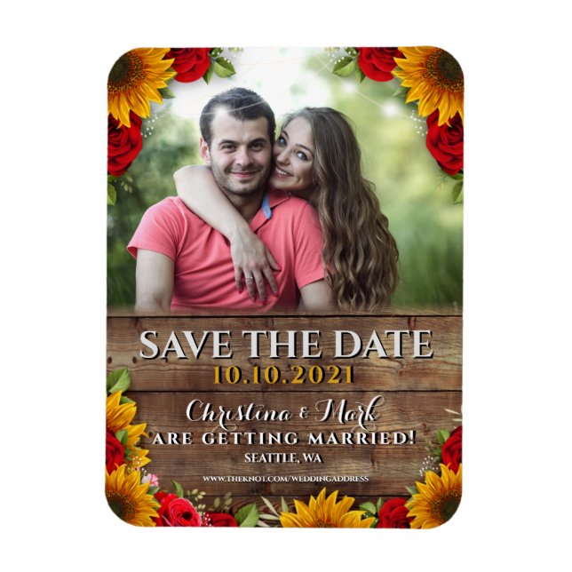 Sunflower & Roses Rustic Wood Lights Photo Magnet (Vertical)