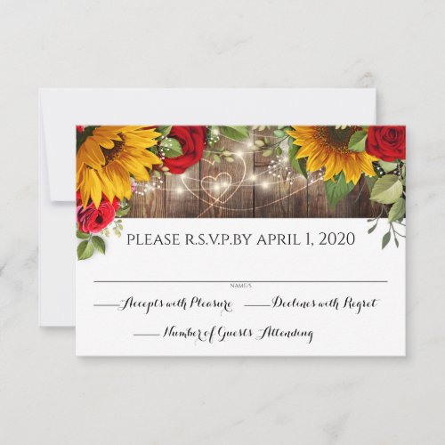 Sunflower  Roses Rustic Wood Lights RSVP Card