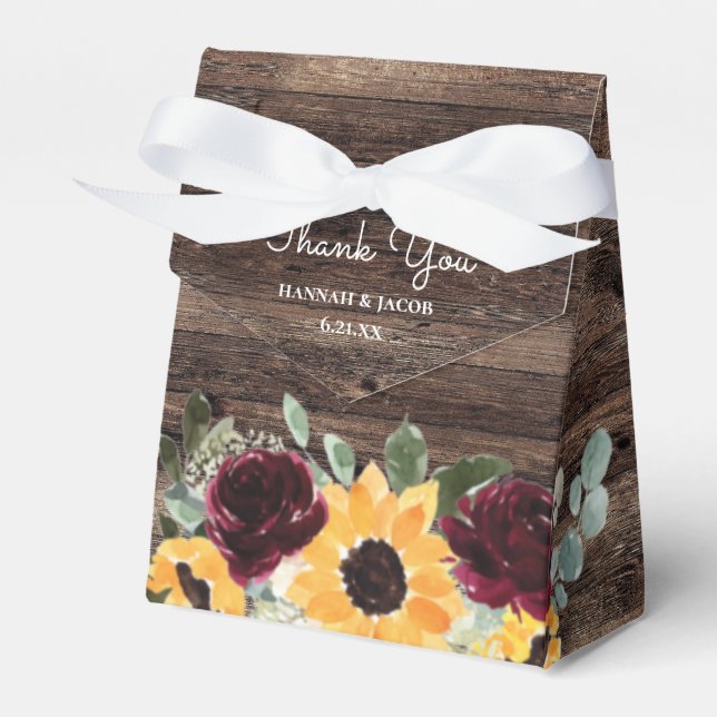 Sunflower Roses Rustic Wood Wedding  Favor Boxes (Front Side)